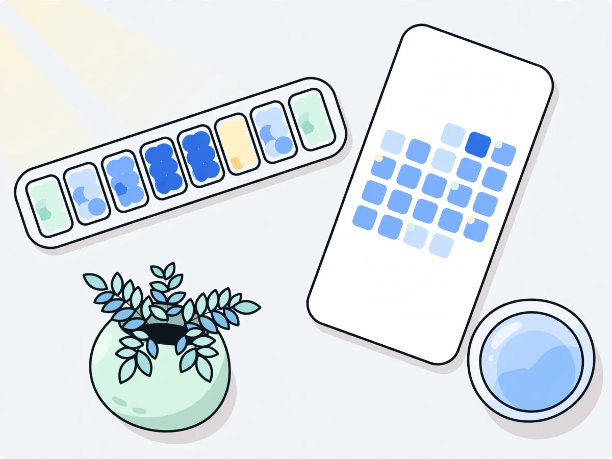 A weekly pill organizer, a phone showing a calendar, a glass of water and a small plant on a table